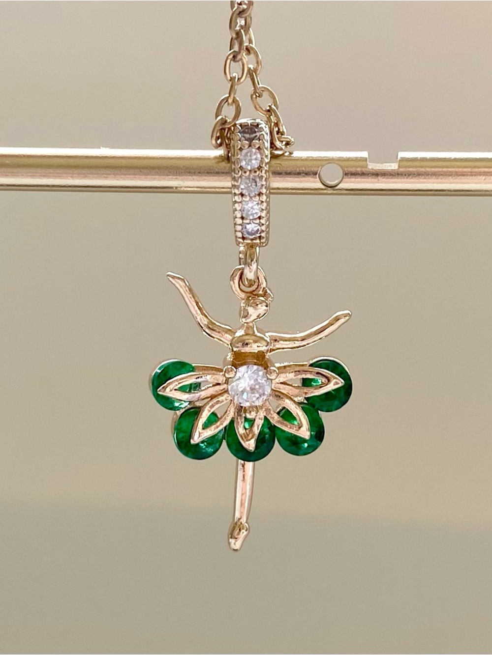 Gold Ballet Dancer Necklace Pendant with Green Accents
